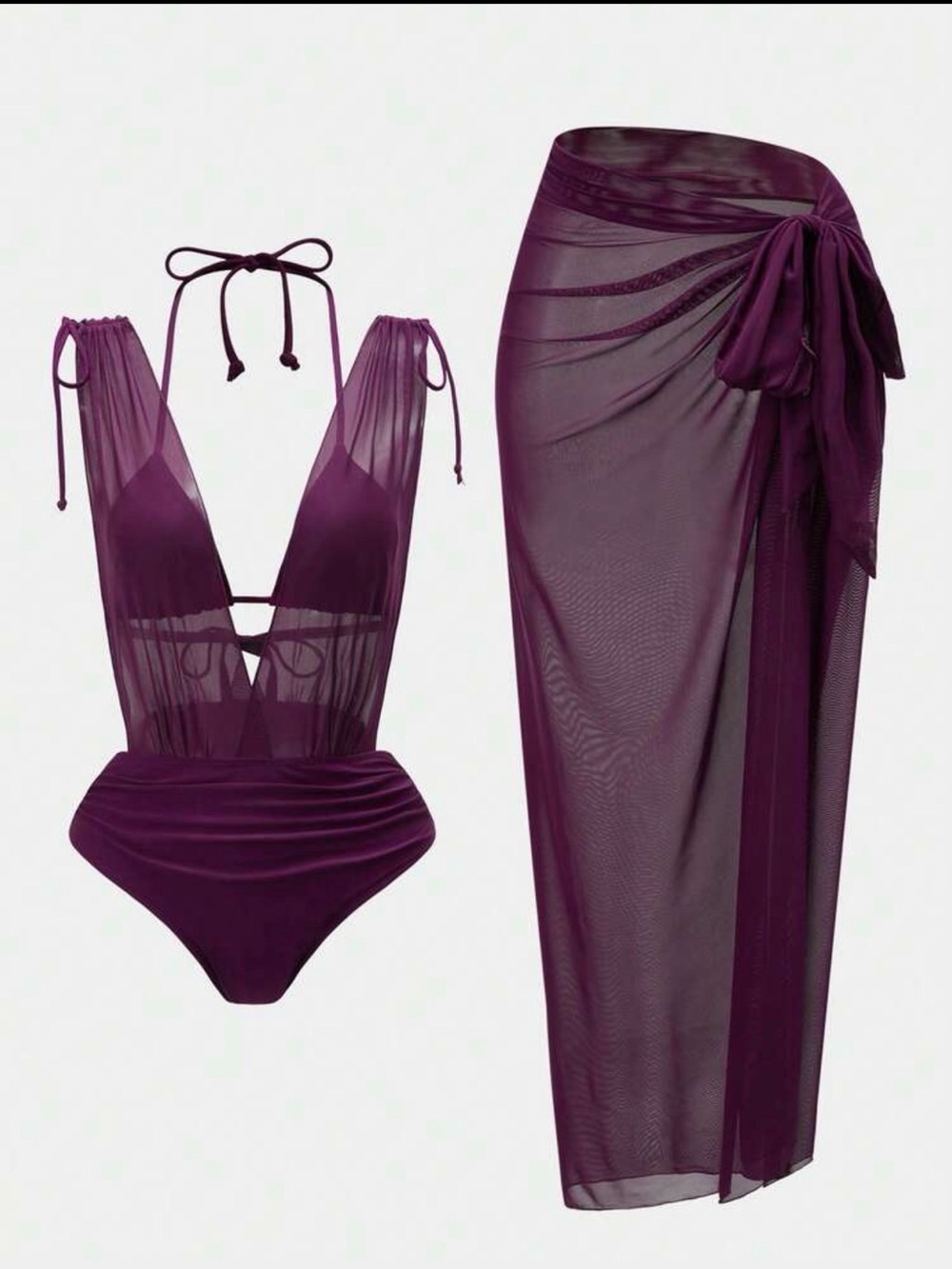 Sheer Plunge One-Piece Swimsuit with Sarong - Purple